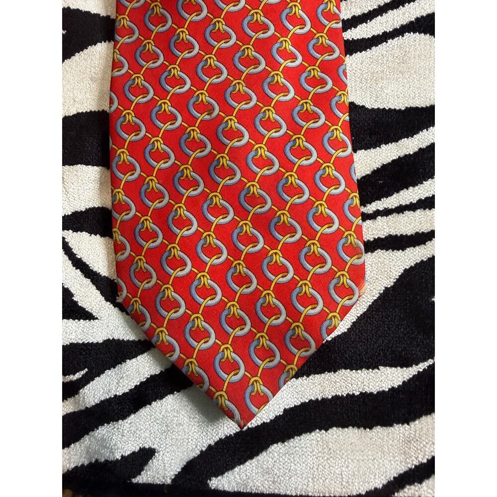 Vintage Gucci 100% Silk Tie Red Blue Gold Chain Equestrian Print Made in Italy - Picture 5 of 8